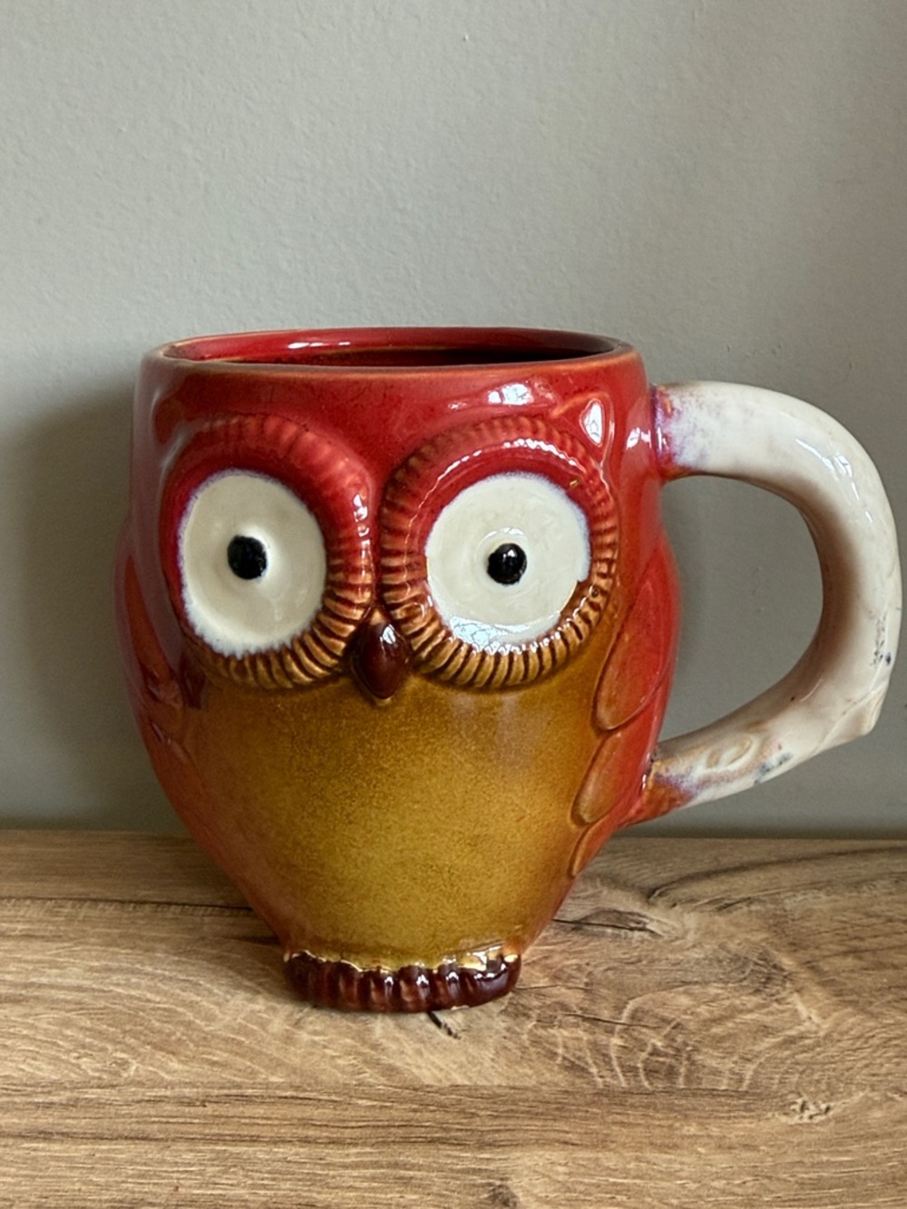 Vintage GIBSON HOME Owl Ceramic Glazed Coffee Mug Red Mustard EUC